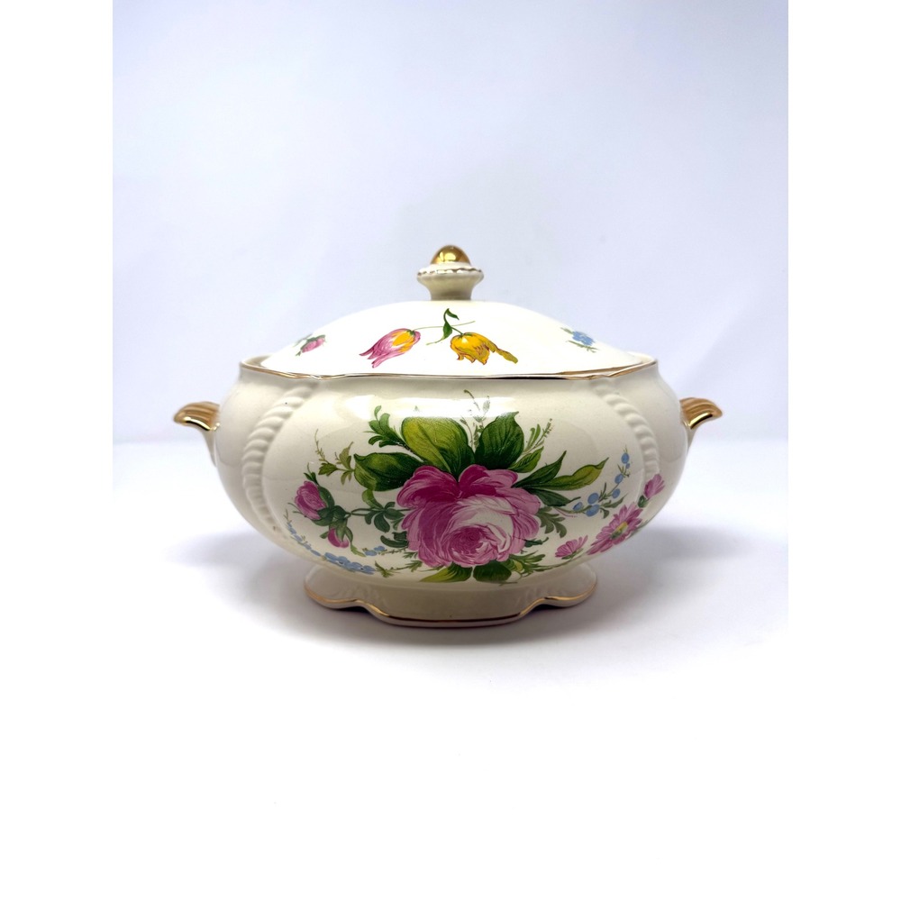 Vintage Taylor Smith Taylor USA Floral Soup Tureen Pink Italian Rose Gold 2485